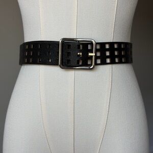 Chic Black Square-Cut Perforated Casual Faux  Leather Belt-M/L